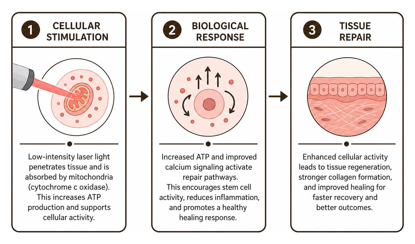 Diagram showing how laser energy transitions from cellular stimulation to tissue repair