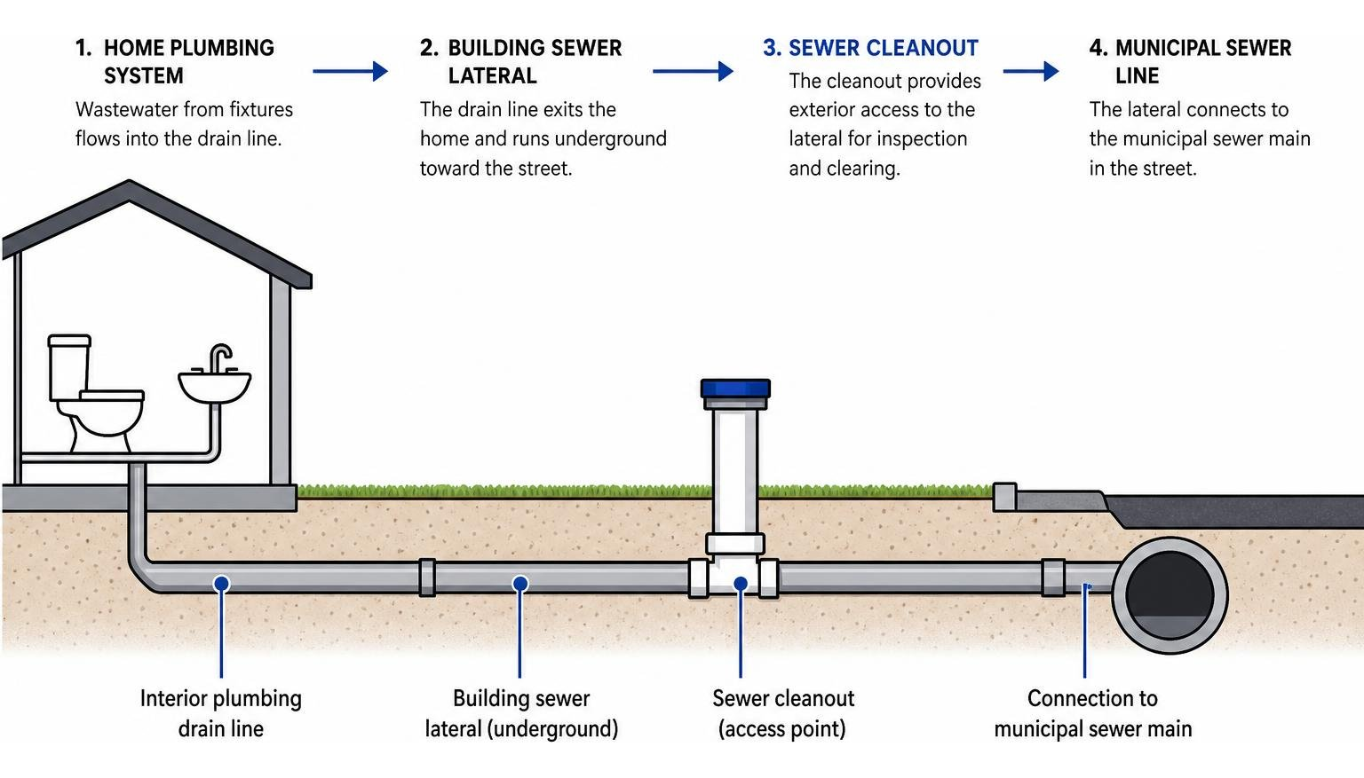 Diagram showing how a sewer cleanout connects a home plumbing system to the municipal sewer line Diagram showing how a sewer cleanout connects a home plumbing system to the municipal sewer line
