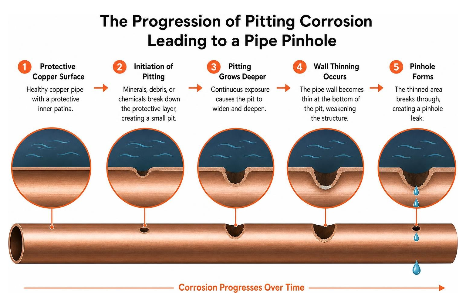 Diagram showing the progression of pitting corrosion leading to a pipe pinhole