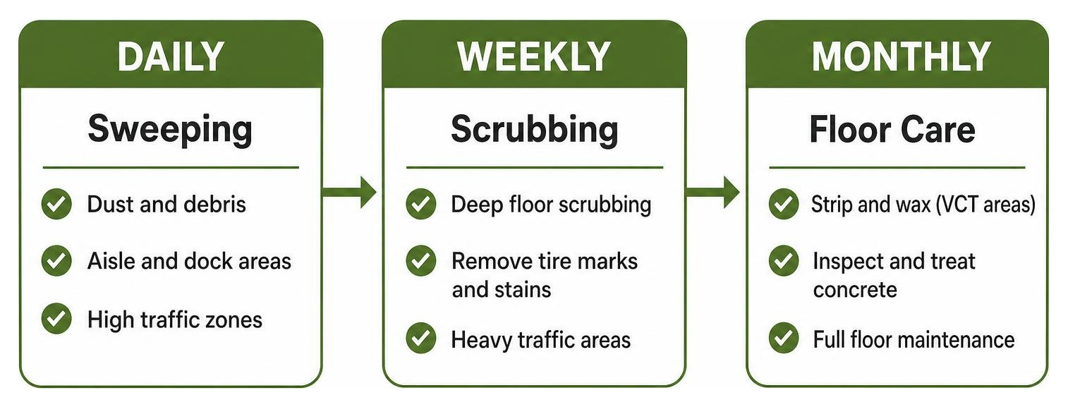warehouse cleaning checklist workflow diagram showing daily sweeping, weekly scrubbing, and monthly floor care warehouse cleaning checklist workflow diagram showing daily sweeping, weekly scrubbing, and monthly floor care