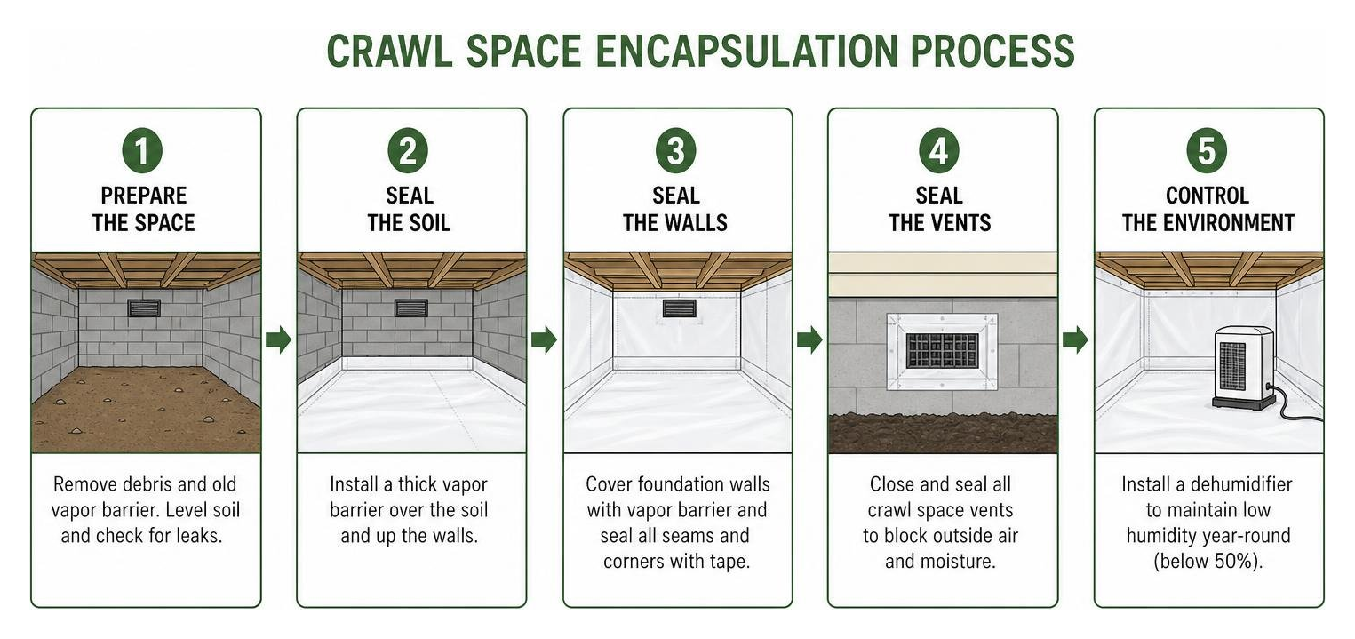 crawl space encapsulation process diagram showing the step-by-step sealing of soil, walls, and vents
