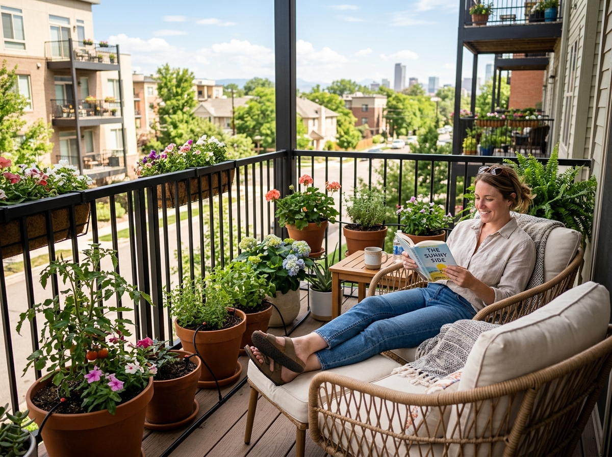 A person relaxing on a balcony chair while a discreet drip system waters the surrounding plants - Automated watering plants