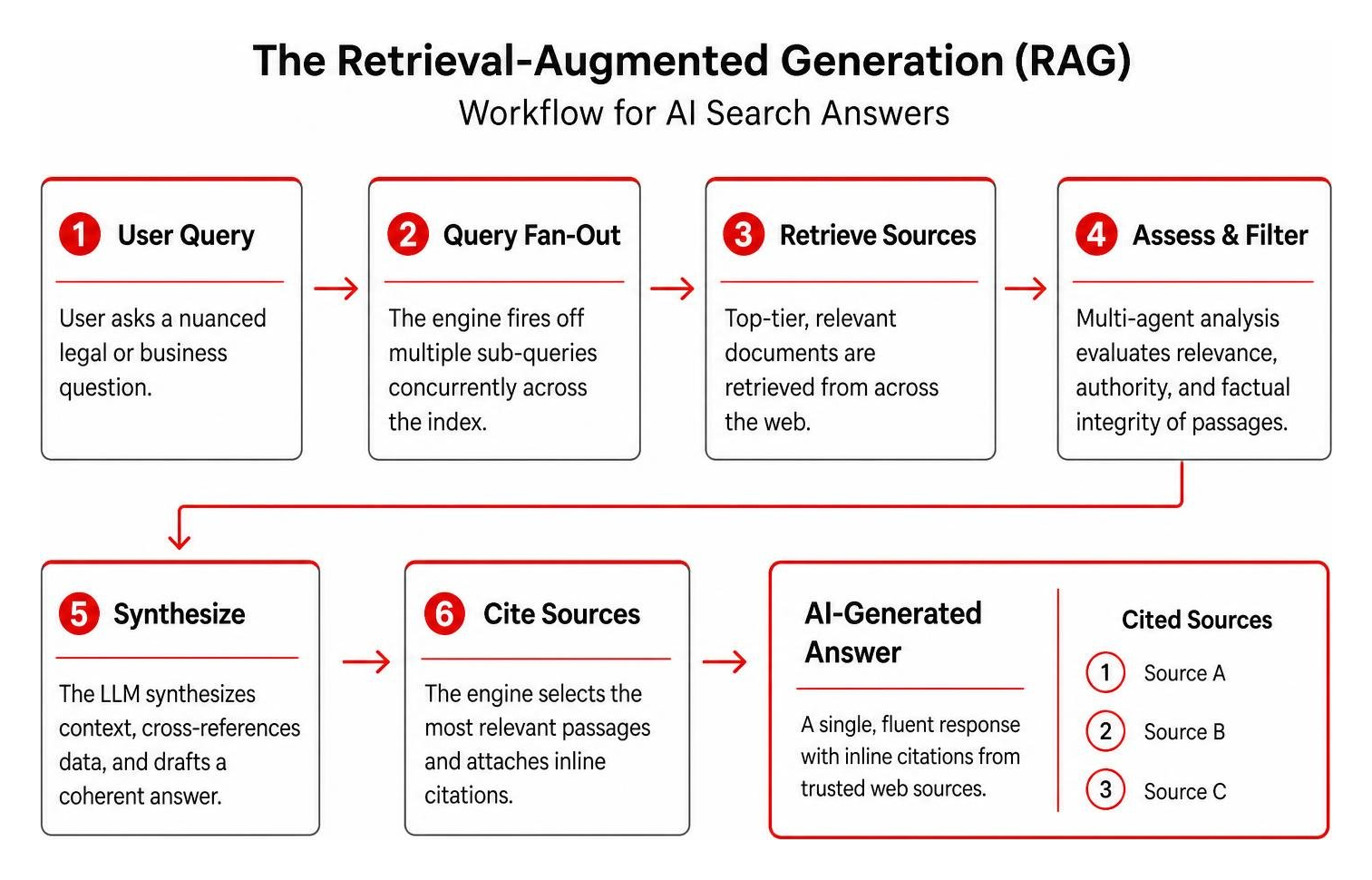 The retrieval-augmented generation workflow for AI search answers The retrieval-augmented generation workflow for AI search answers