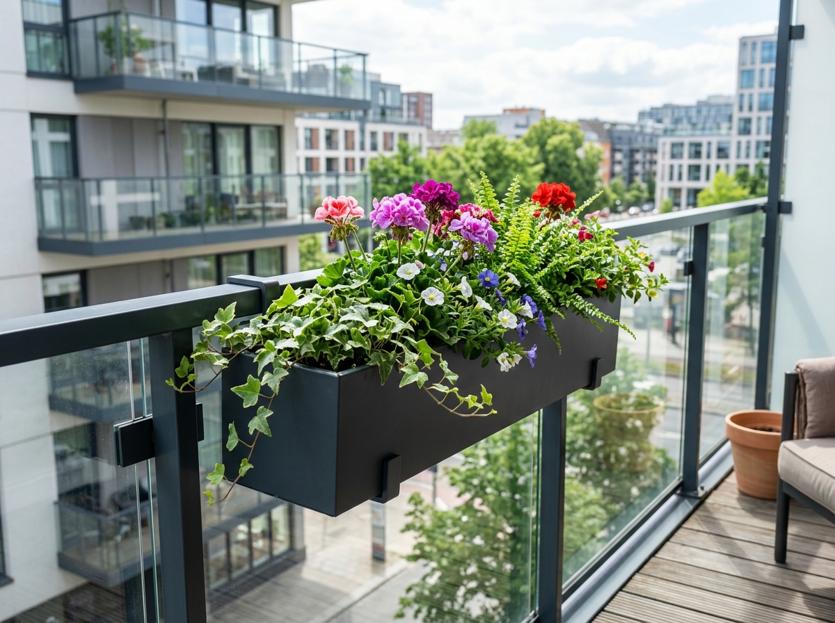 modern railing planter on a balcony - balcony planter box