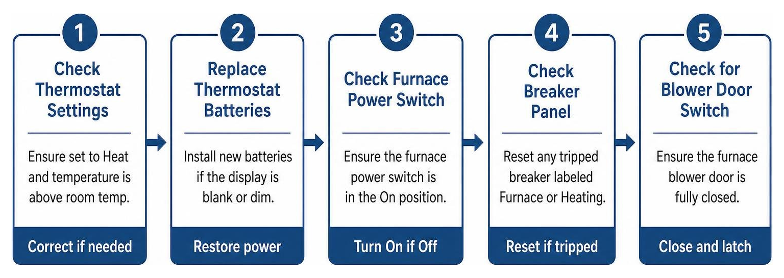 Step-by-step sequence diagram for troubleshooting a cold furnace Step-by-step sequence diagram for troubleshooting a cold furnace