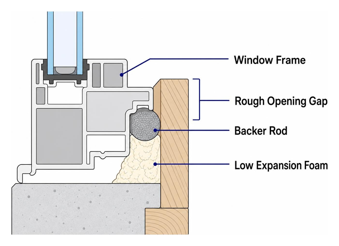 Cross section showing window frame, rough opening gap, backer rod, and low expansion foam