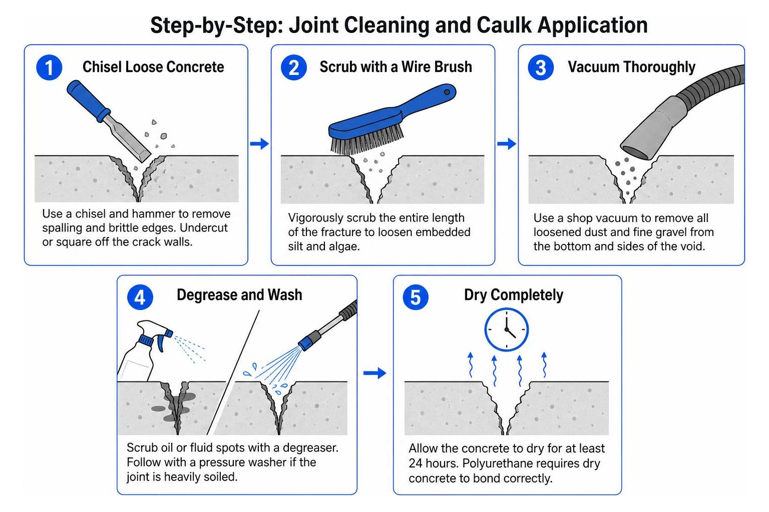 Step-by-step joint cleaning and caulk application process Step-by-step joint cleaning and caulk application process