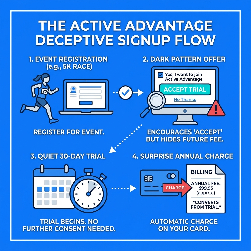 Infographic showing Active Advantage dark pattern signup flow from event registration to surprise annual charge - active Infographic showing Active Advantage dark pattern signup flow from event registration to surprise annual charge - active