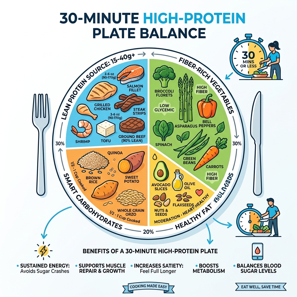 Infographic showing 30-minute high-protein plate balance with protein sources, fiber, and portions - quick and easy high