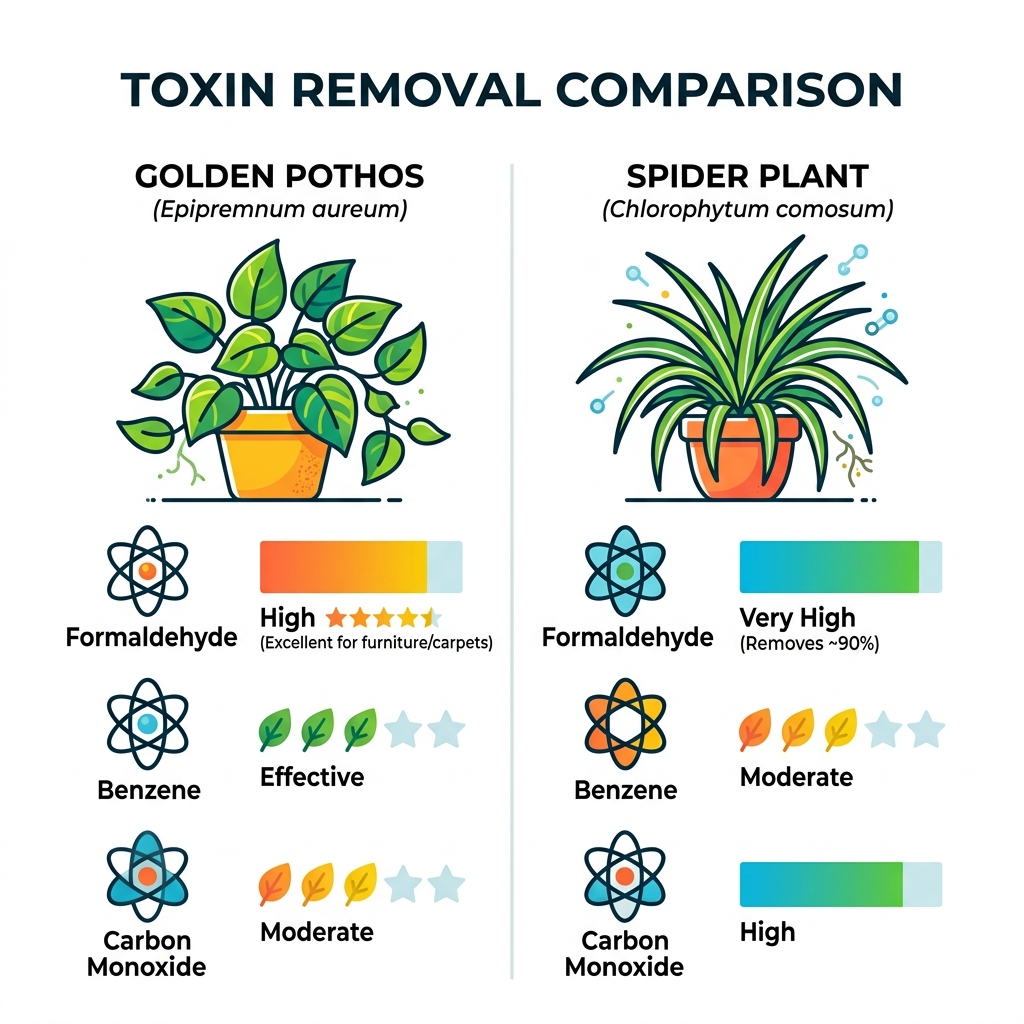 Table comparing toxin removal rates of Pothos vs. Spider Plants - golden pothos toxin absorbing plant infographic 