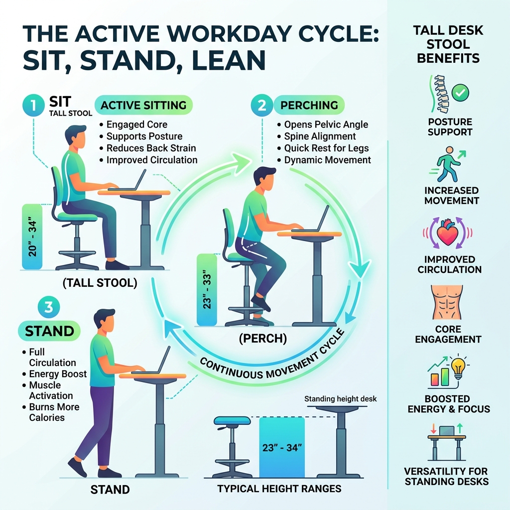 Infographic showing the sit-stand-lean cycle with tall desk stool benefits and height ranges - tall desk stool infographic Infographic showing the sit-stand-lean cycle with tall desk stool benefits and height ranges - tall desk stool infographic