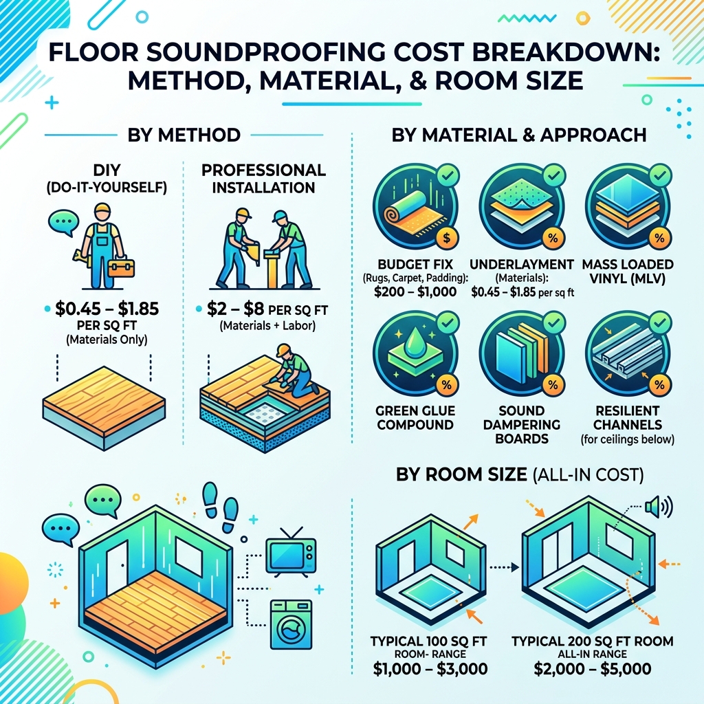 Cost breakdown infographic for soundproofing a floor by method, material, and room size - how much does it cost to Cost breakdown infographic for soundproofing a floor by method, material, and room size - how much does it cost to