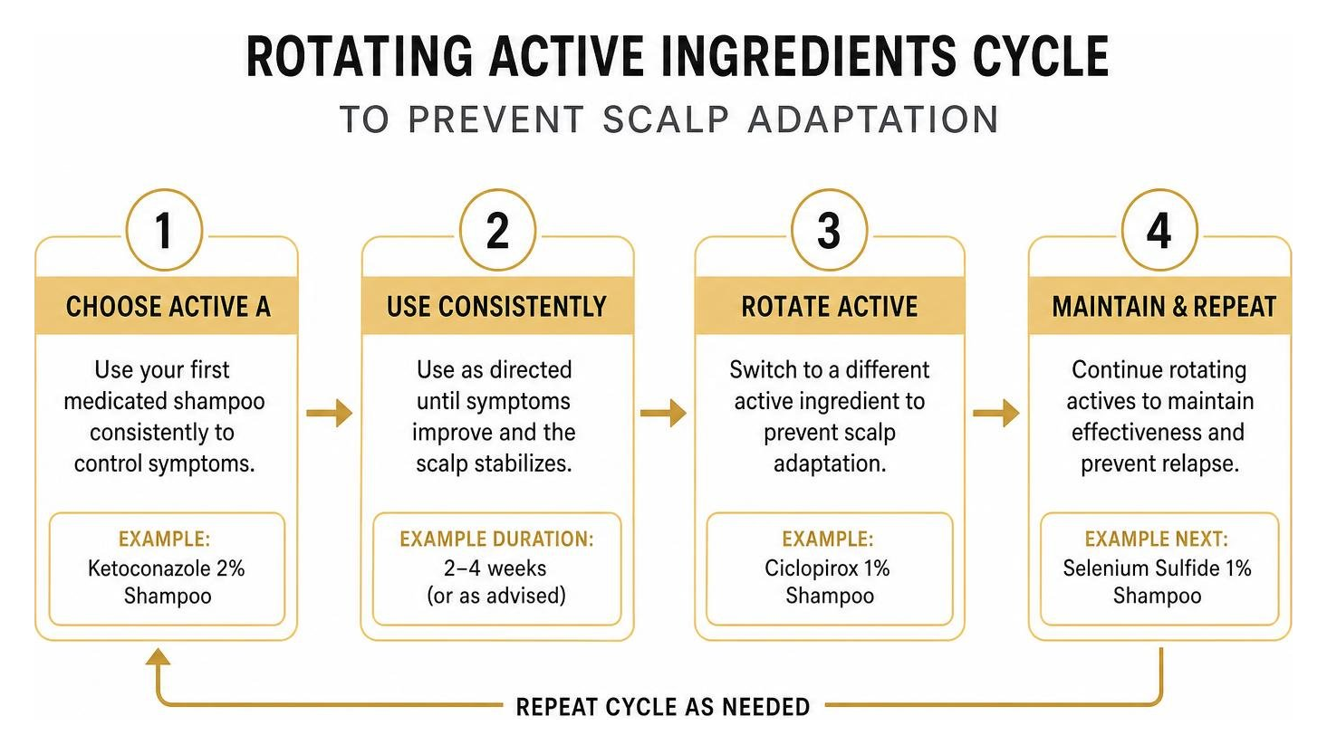 Diagram of the rotating active ingredients cycle to prevent scalp adaptation Diagram of the rotating active ingredients cycle to prevent scalp adaptation