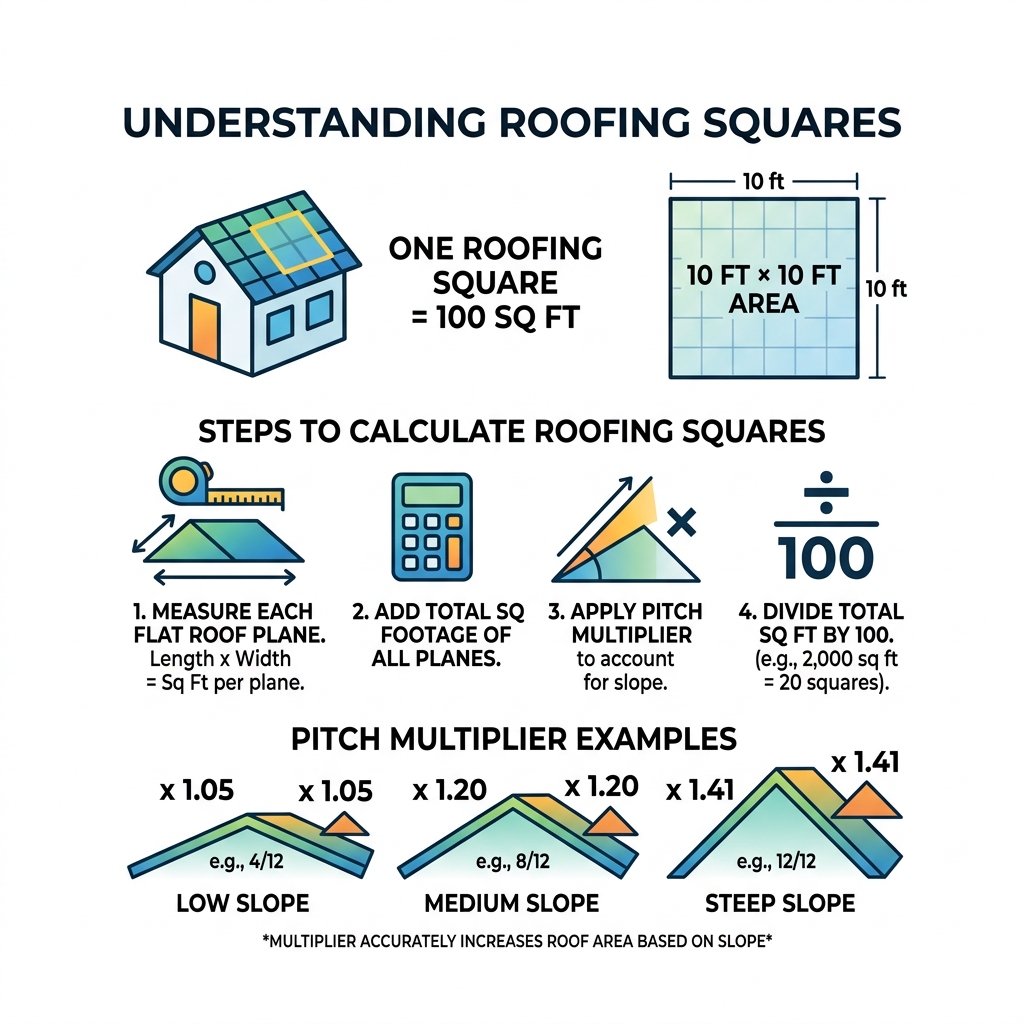 Infographic showing roofing square = 10x10 ft area, steps to calculate squares, and pitch multiplier examples - how do you