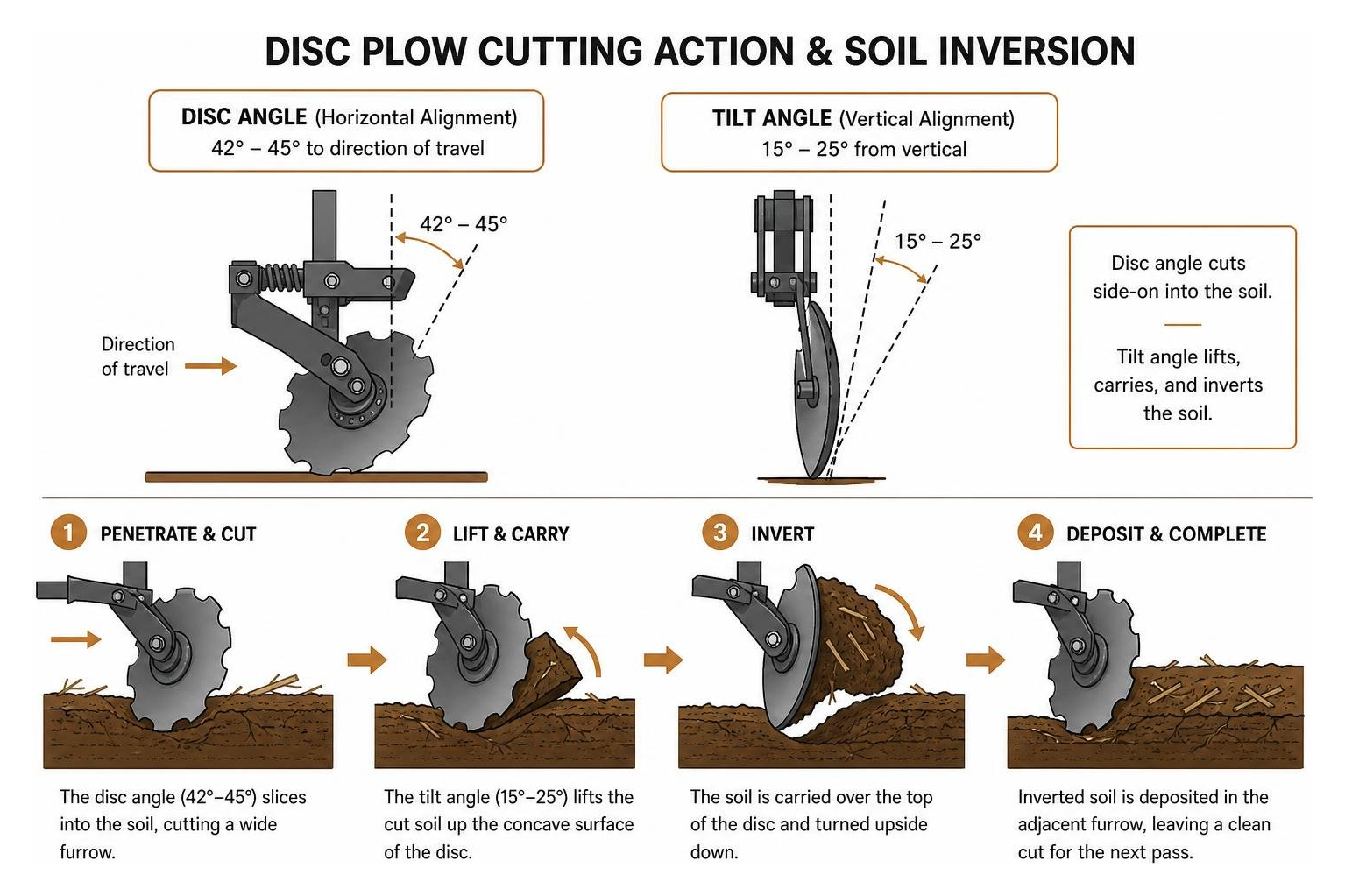 Diagram of disc plow cutting action showing tilt angle and soil inversion process Diagram of disc plow cutting action showing tilt angle and soil inversion process