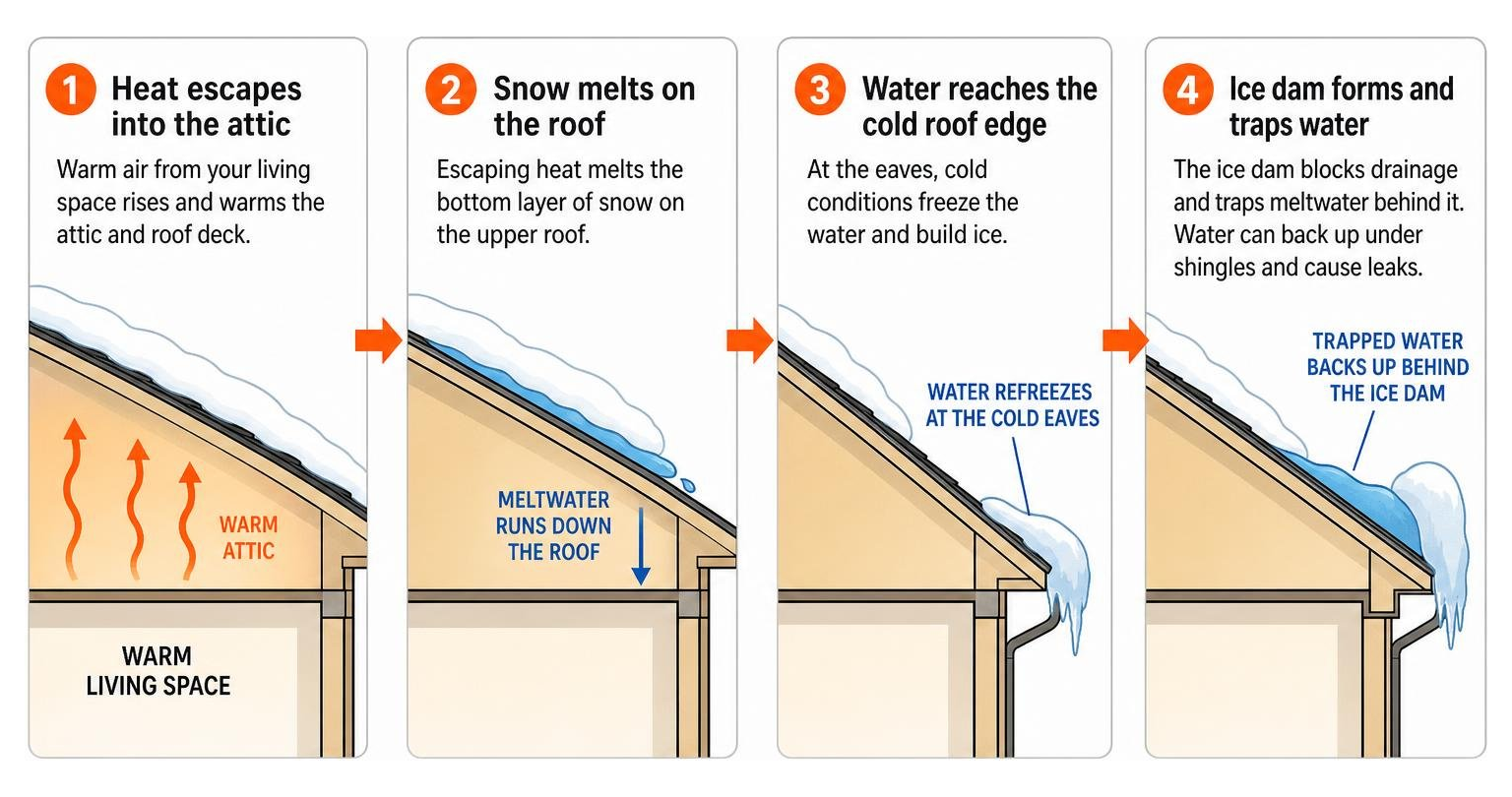 Diagram showing how escaping attic heat melts snow and creates ice dams at the cold roof edge