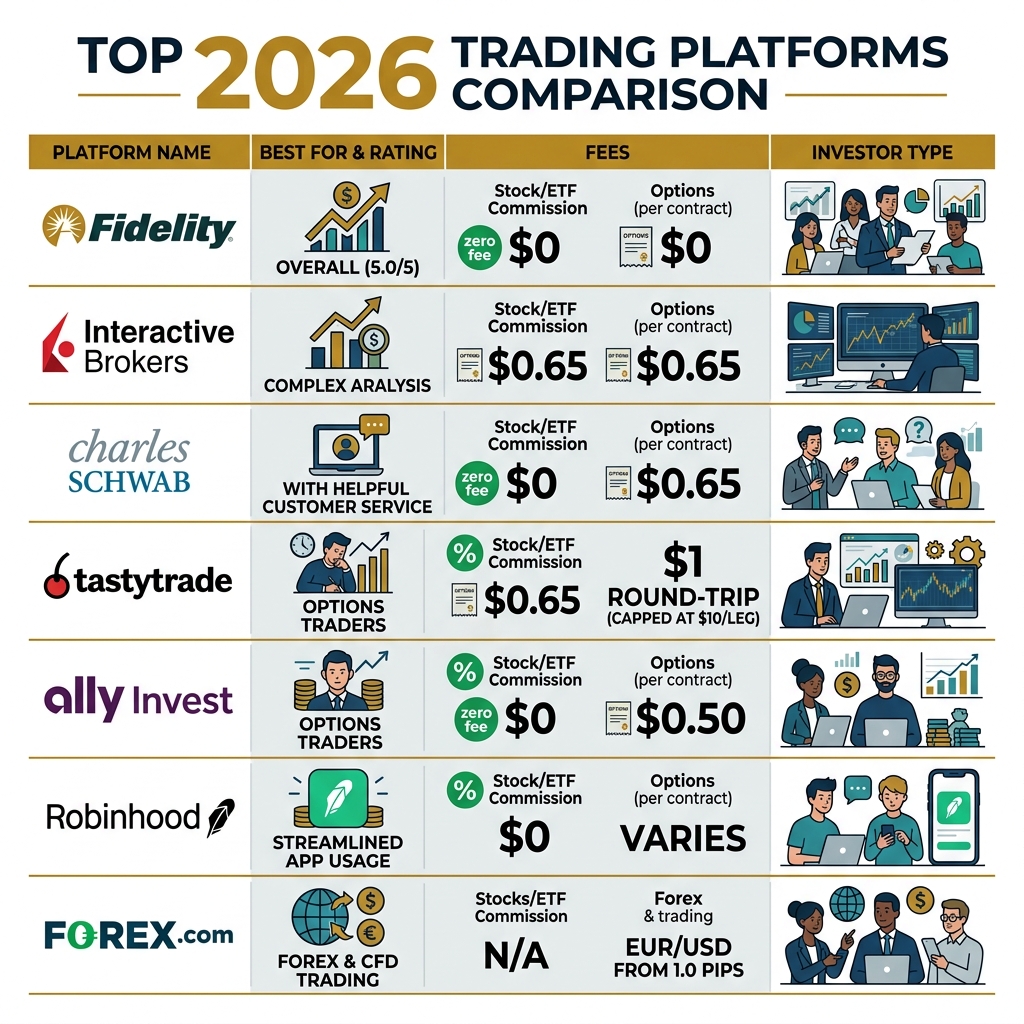 Infographic comparing top 2026 trading platforms by fees, features, and investor type - best trading platform infographic 