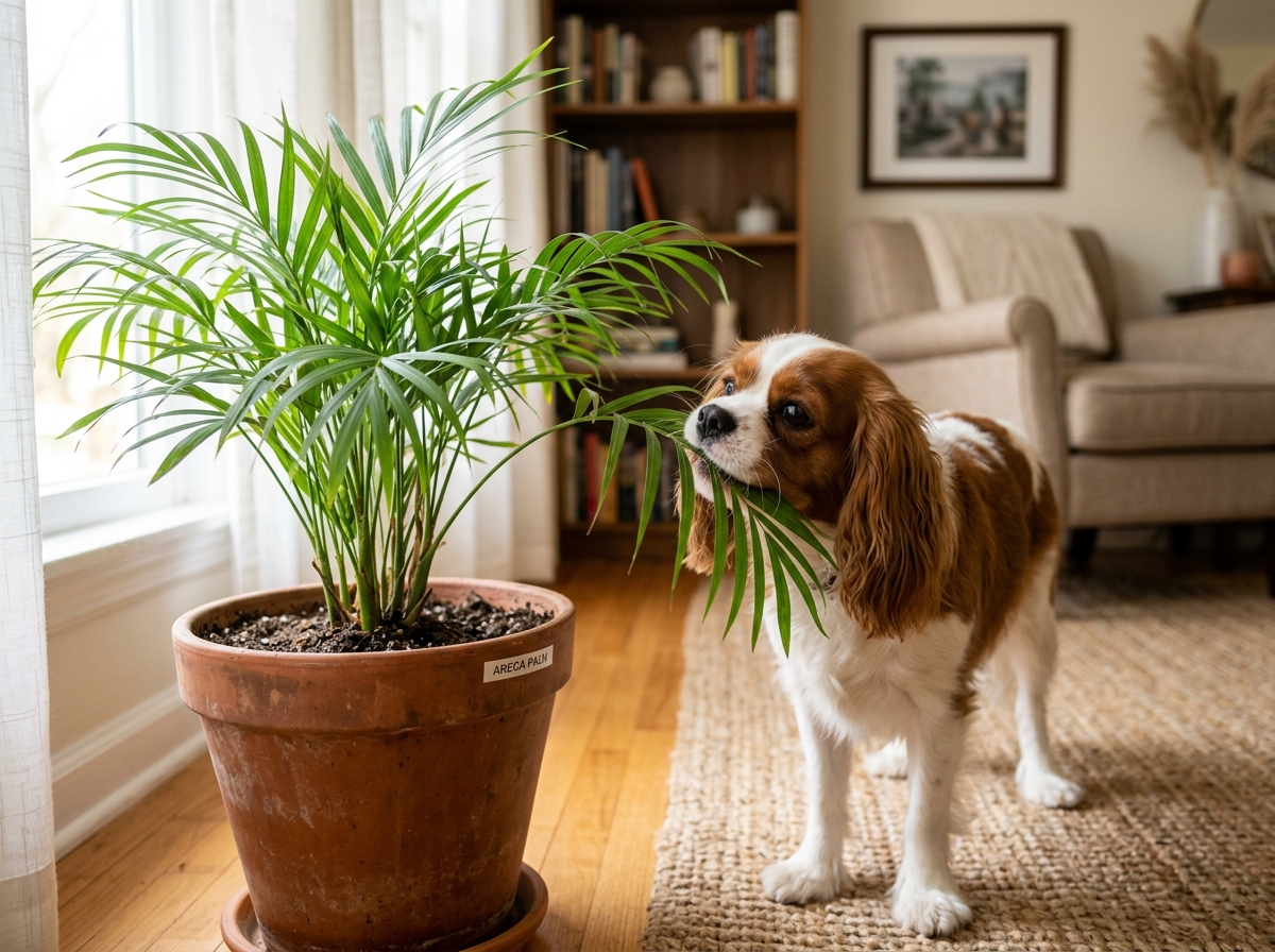 Dog sniffing and nibbling on green palm leaves - areca palm toxic to dogs