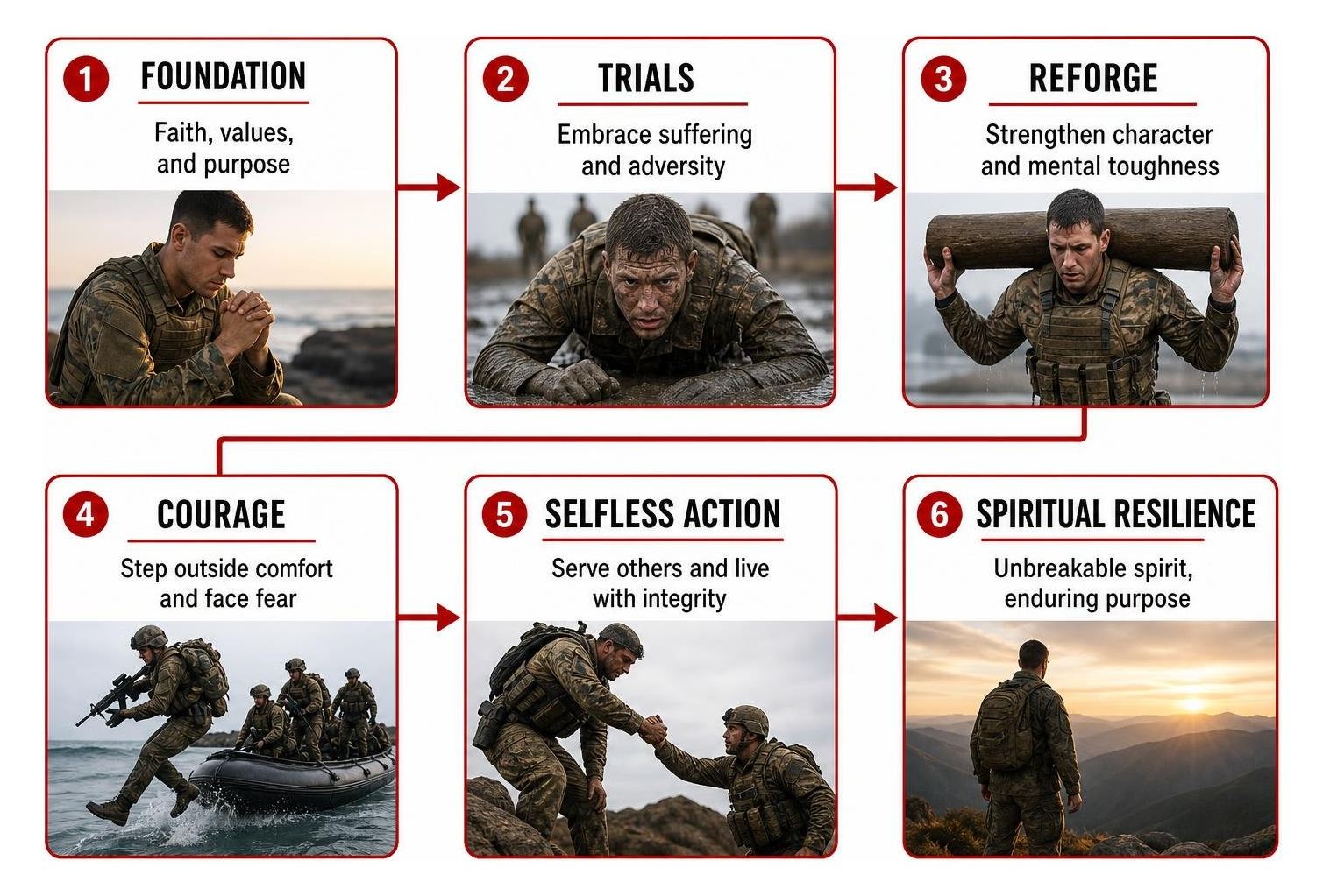 Process flow diagram of developing spiritual resilience and military courage Process flow diagram of developing spiritual resilience and military courage