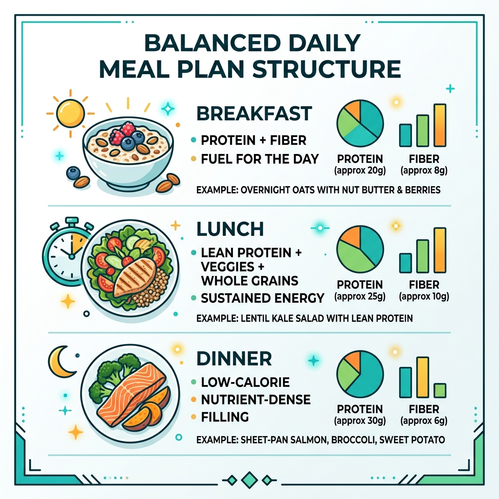 Infographic showing balanced daily meal plan structure with breakfast, lunch, and dinner macros - diet food breakfast lunch