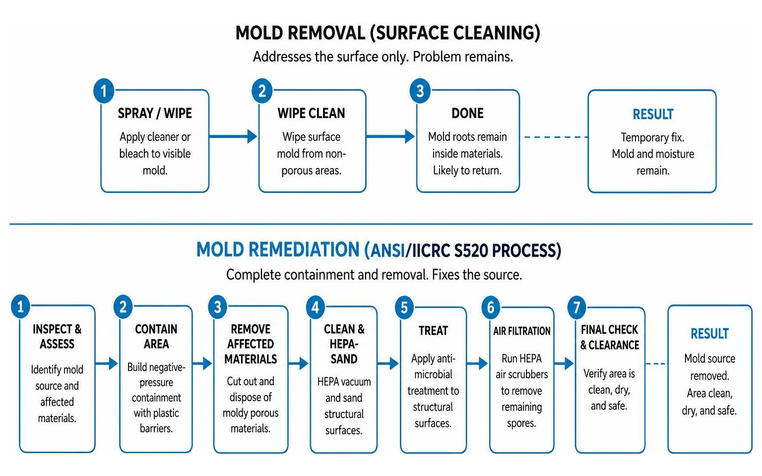 Comparison diagram showing simple surface cleaning vs complete S520 mold remediation process Comparison diagram showing simple surface cleaning vs complete S520 mold remediation process