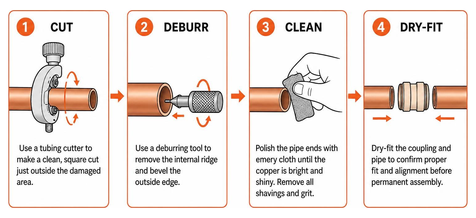 Process of cutting, deburring, cleaning, and dry-fitting copper pipe