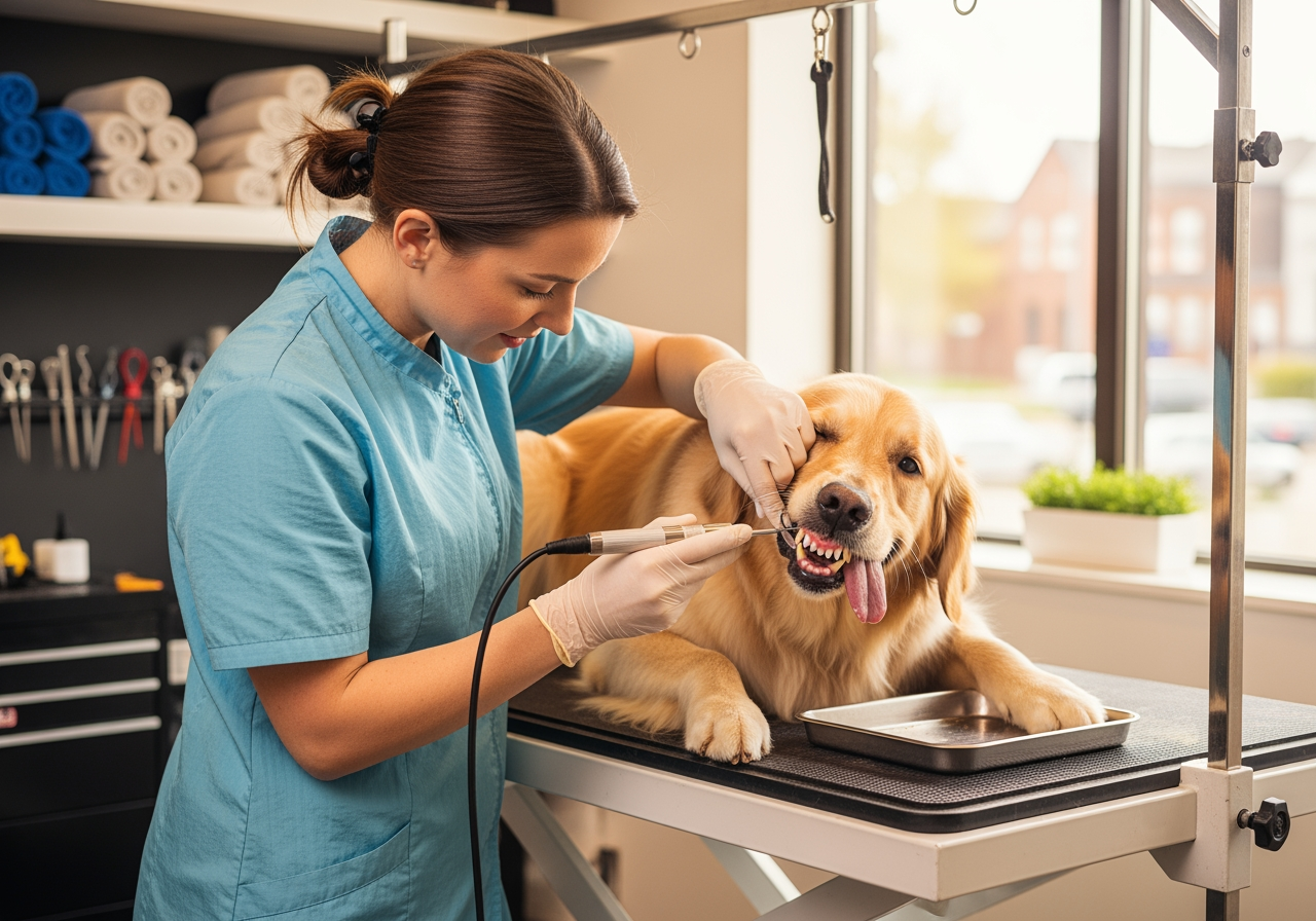 groomer gently performing a non-anesthetic dental cleaning on a calm dog - Gentle touch grooming