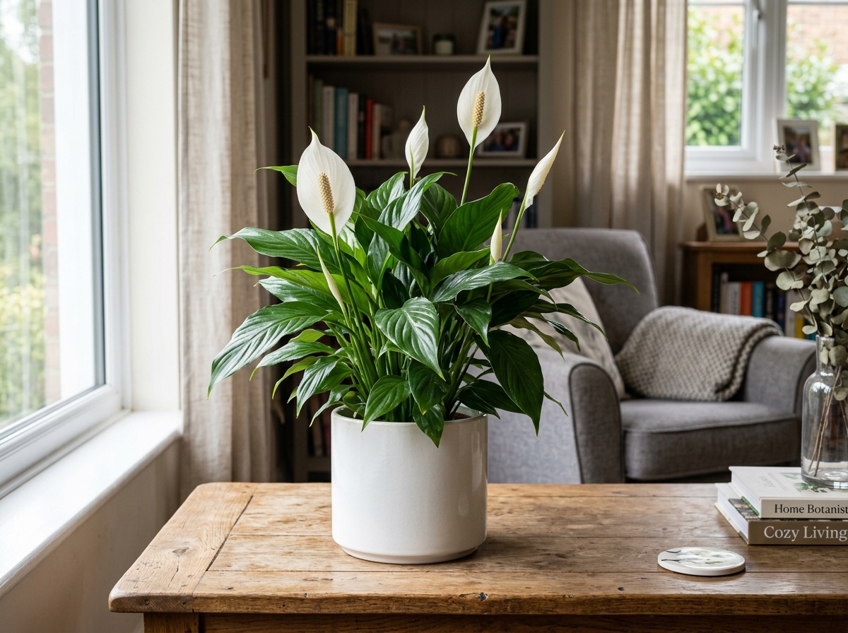 Peace Lily in a modern white pot on a wooden table - easy to maintain indoor flowers