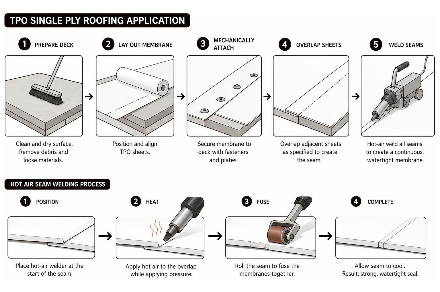 TPO single ply roofing application and hot air seam welding diagram