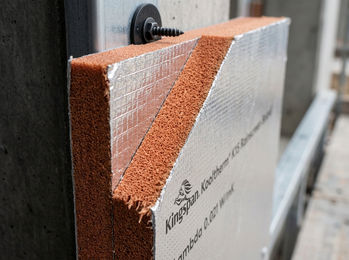 Kooltherm K15 Rainscreen Board showing the phenolic core and low-emissivity foil facings - kingspan rainscreen cladding Kooltherm K15 Rainscreen Board showing the phenolic core and low-emissivity foil facings - kingspan rainscreen cladding