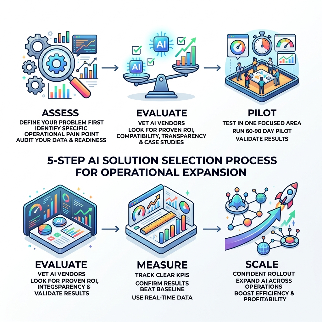 5-step AI solution selection process for operational expansion showing assess, evaluate, pilot, measure, scale - how to