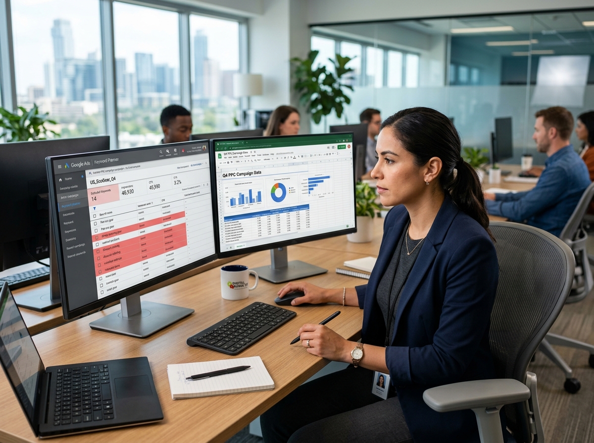 A digital marketer reviewing a keyword tool interface that suggests irrelevant terms to exclude from a PPC campaign - free A digital marketer reviewing a keyword tool interface that suggests irrelevant terms to exclude from a PPC campaign - free