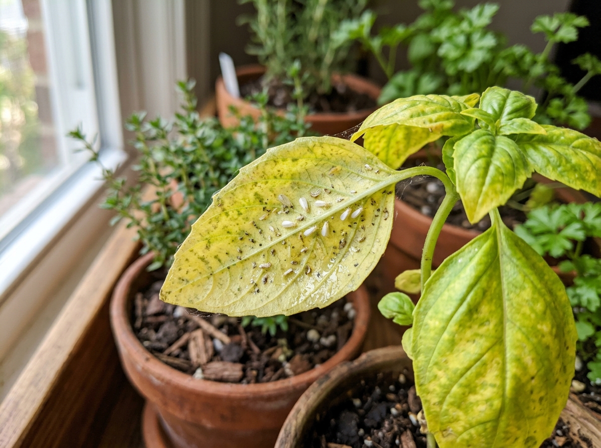 Basil plant with yellowing leaves and whitefly damage - basil whitefly yellow traps