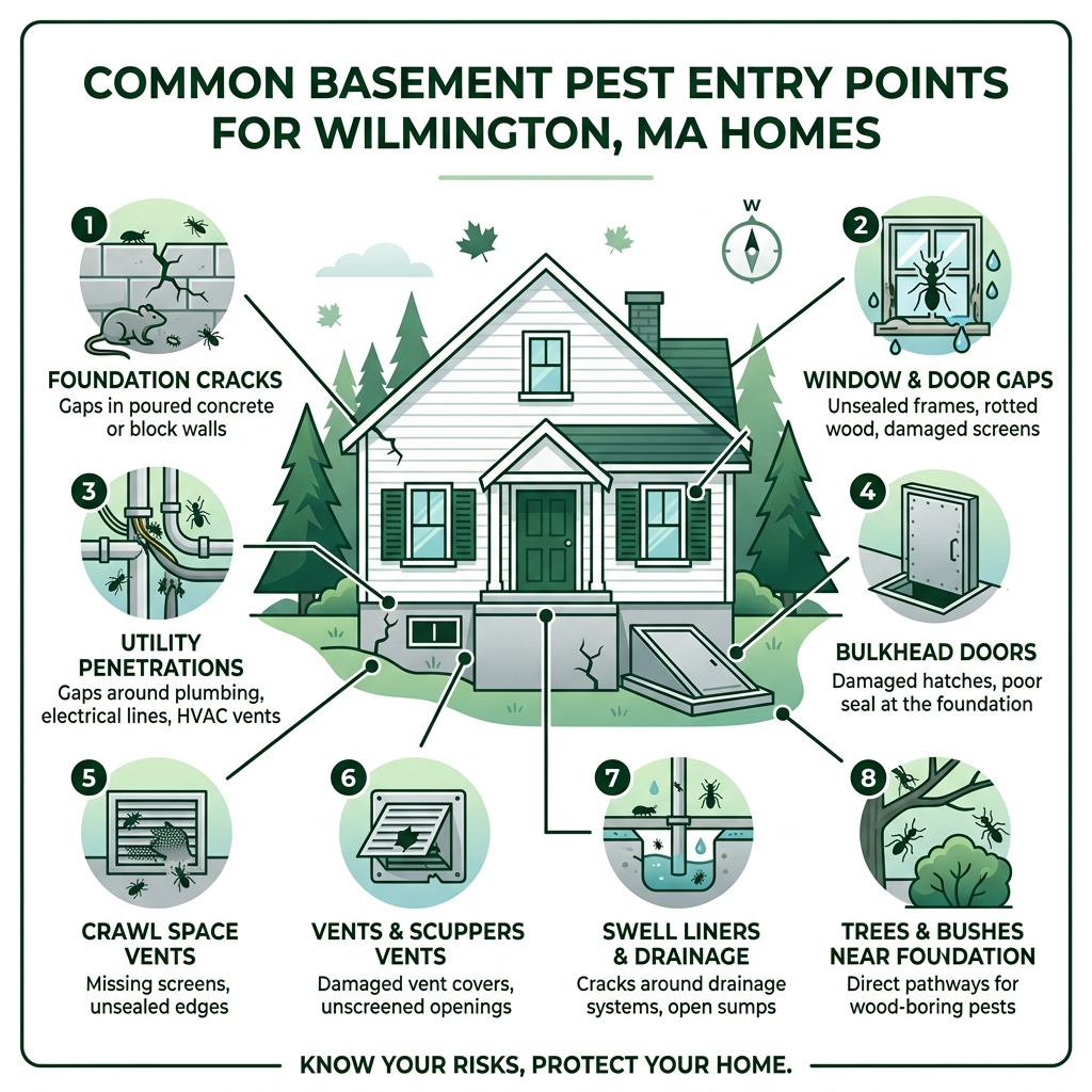 Common basement pest entry points infographic for Wilmington MA homes - professional exterminator wilmington ma infographic 