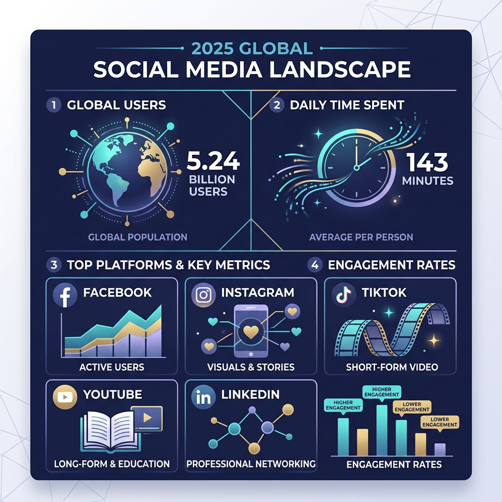 2026 social media landscape infographic: users, time spent, top platforms, and engagement rates - social media marketing