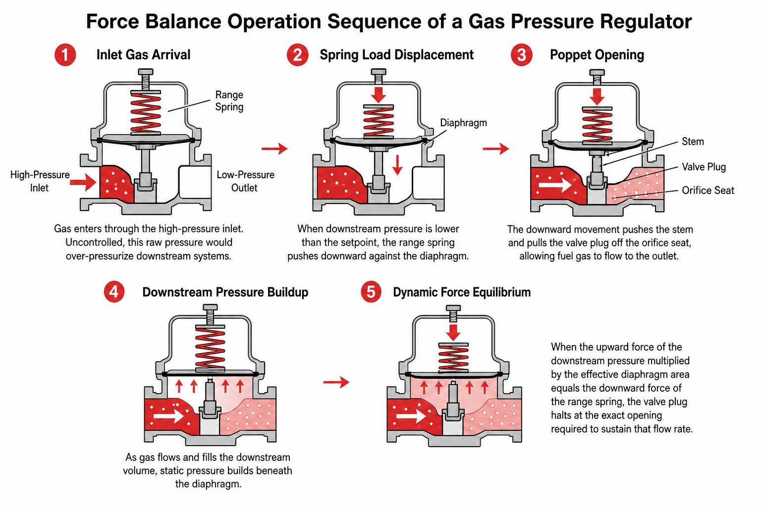 step-by-step force balance operation sequence of a gas pressure regulator step-by-step force balance operation sequence of a gas pressure regulator