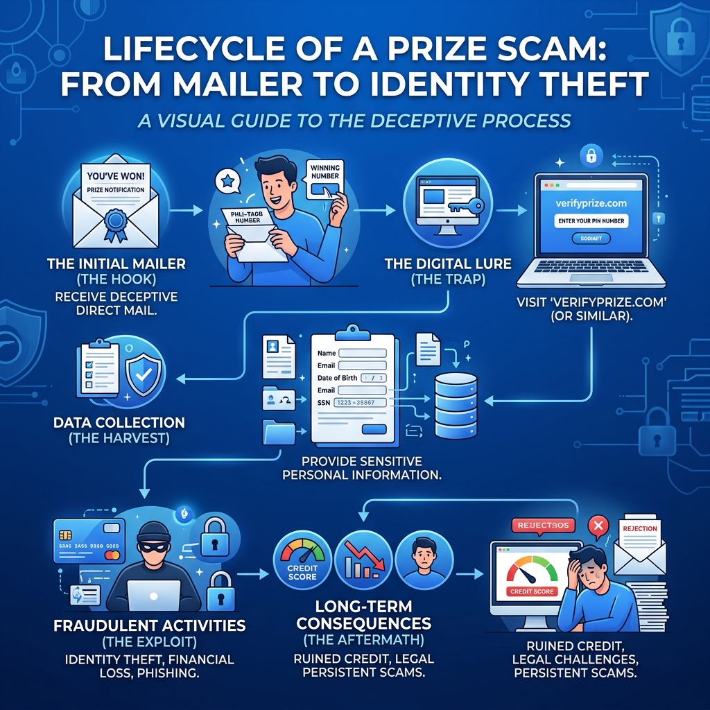 Lifecycle of a prize scam from mailer to identity theft infographic - verifyprize.com scam infographic Lifecycle of a prize scam from mailer to identity theft infographic - verifyprize.com scam infographic