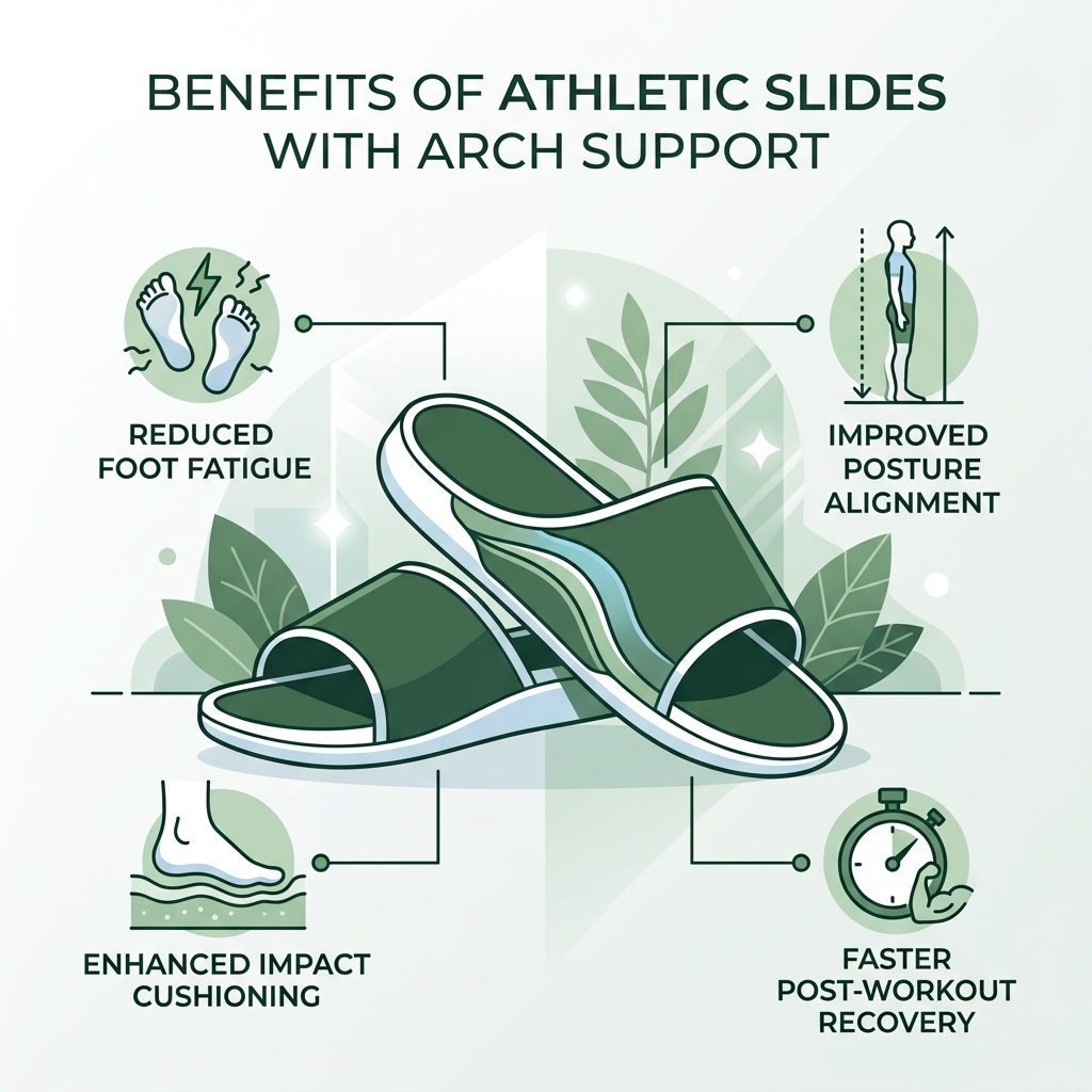 Benefits of athletic slides with arch support for recovery and foot health infographic - athletic slides with arch support