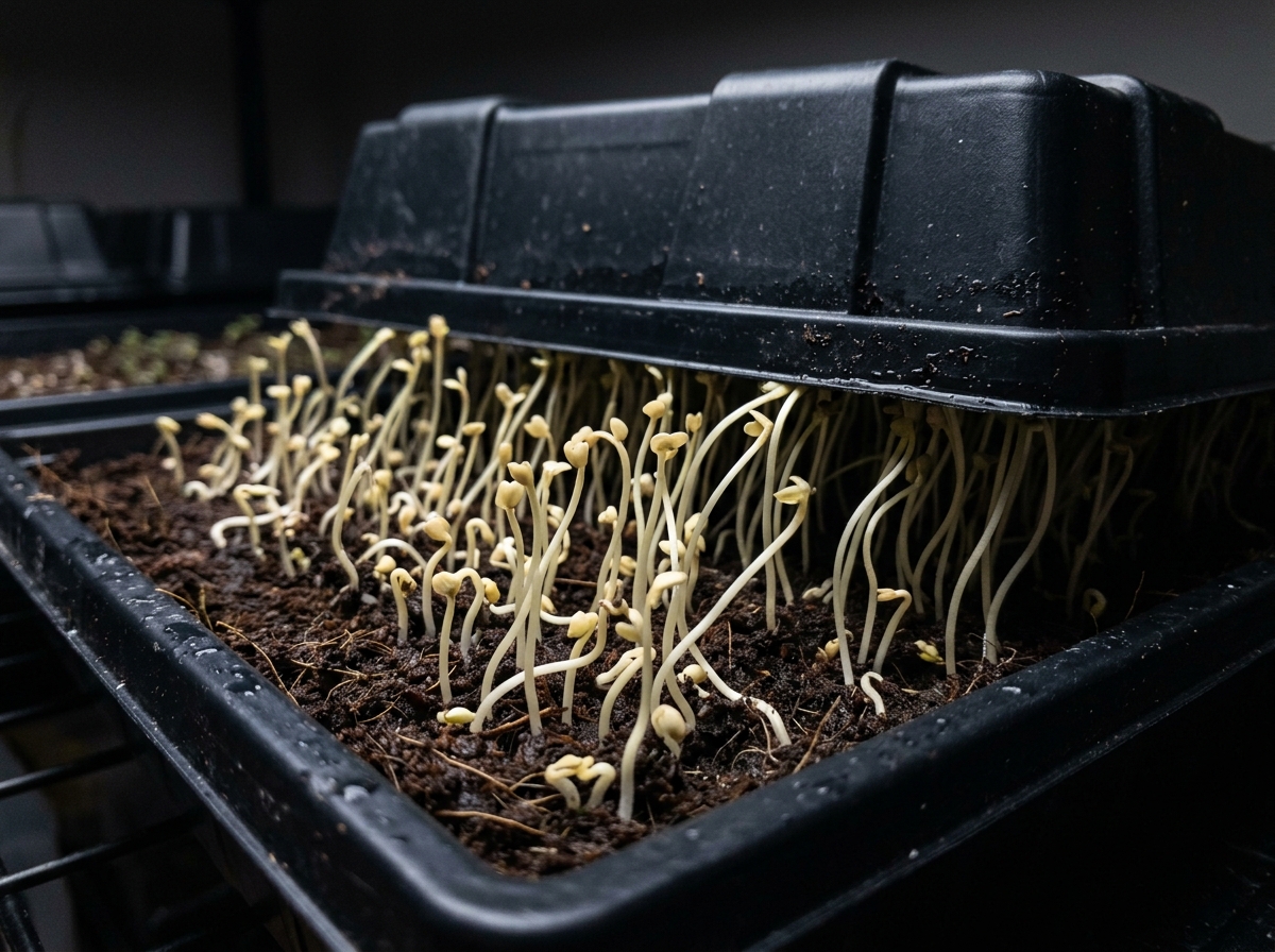 Microgreens in the blackout phase under a weighted tray - microgreens lighting