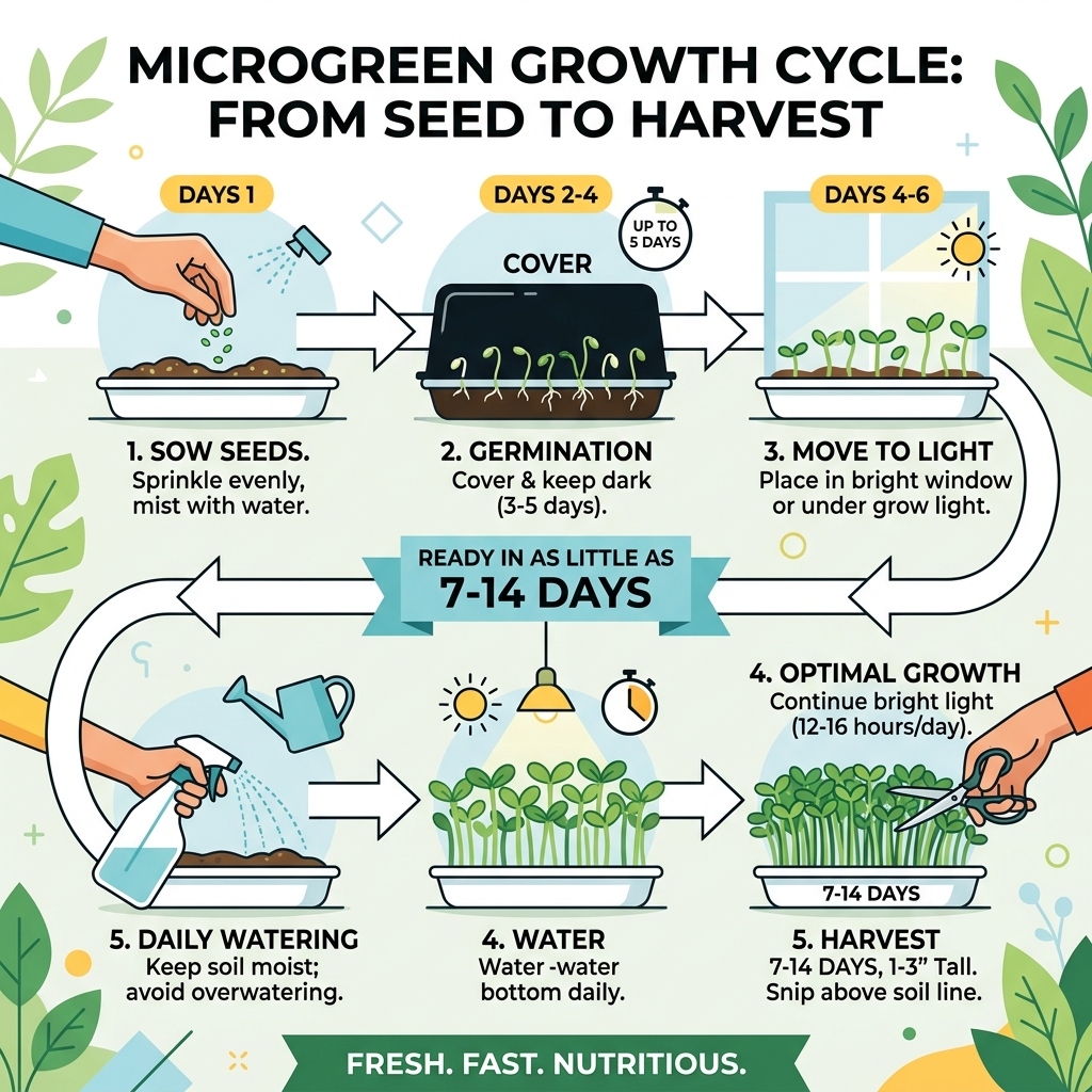 Microgreen growth cycle from seed to harvest infographic - quick start microgreens guide infographic Microgreen growth cycle from seed to harvest infographic - quick start microgreens guide infographic