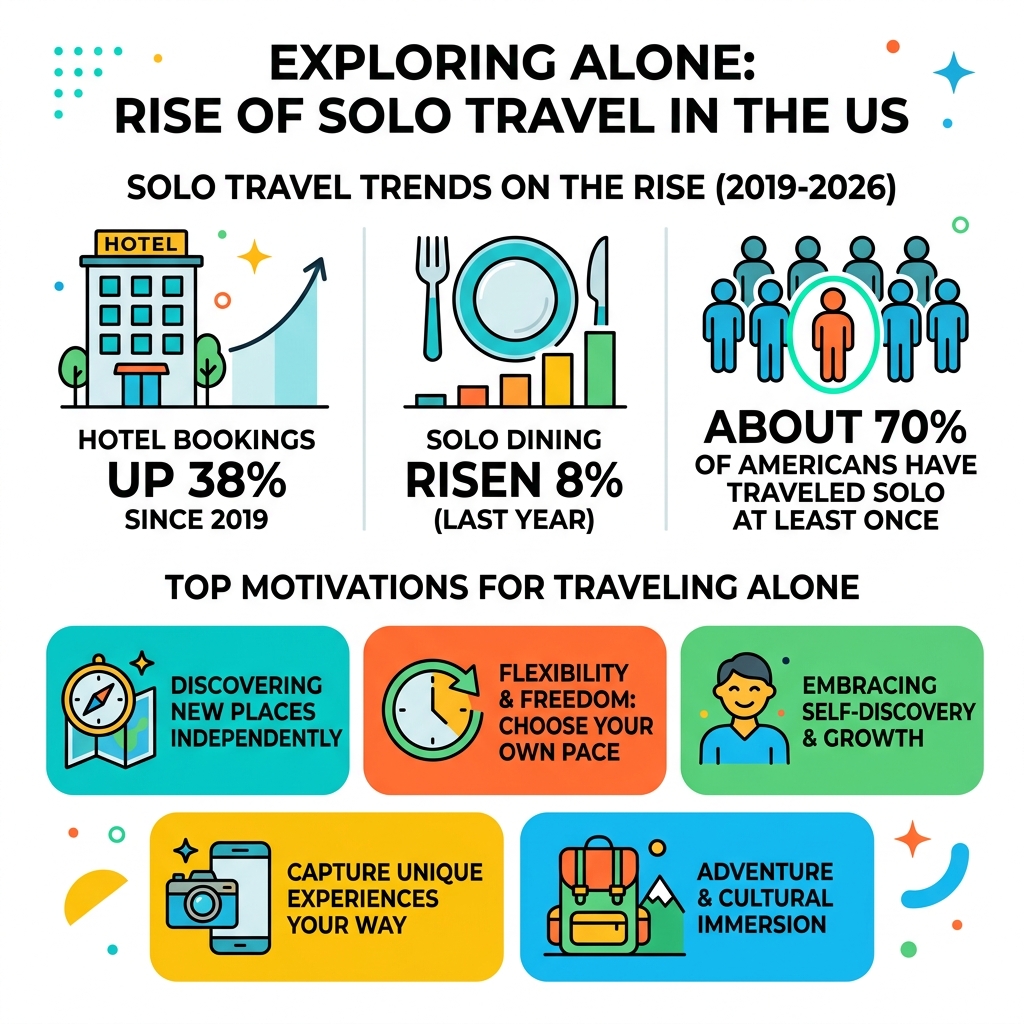 Infographic showing rise of solo travel trends and top motivations for traveling alone in the US - best cities in us for Infographic showing rise of solo travel trends and top motivations for traveling alone in the US - best cities in us for