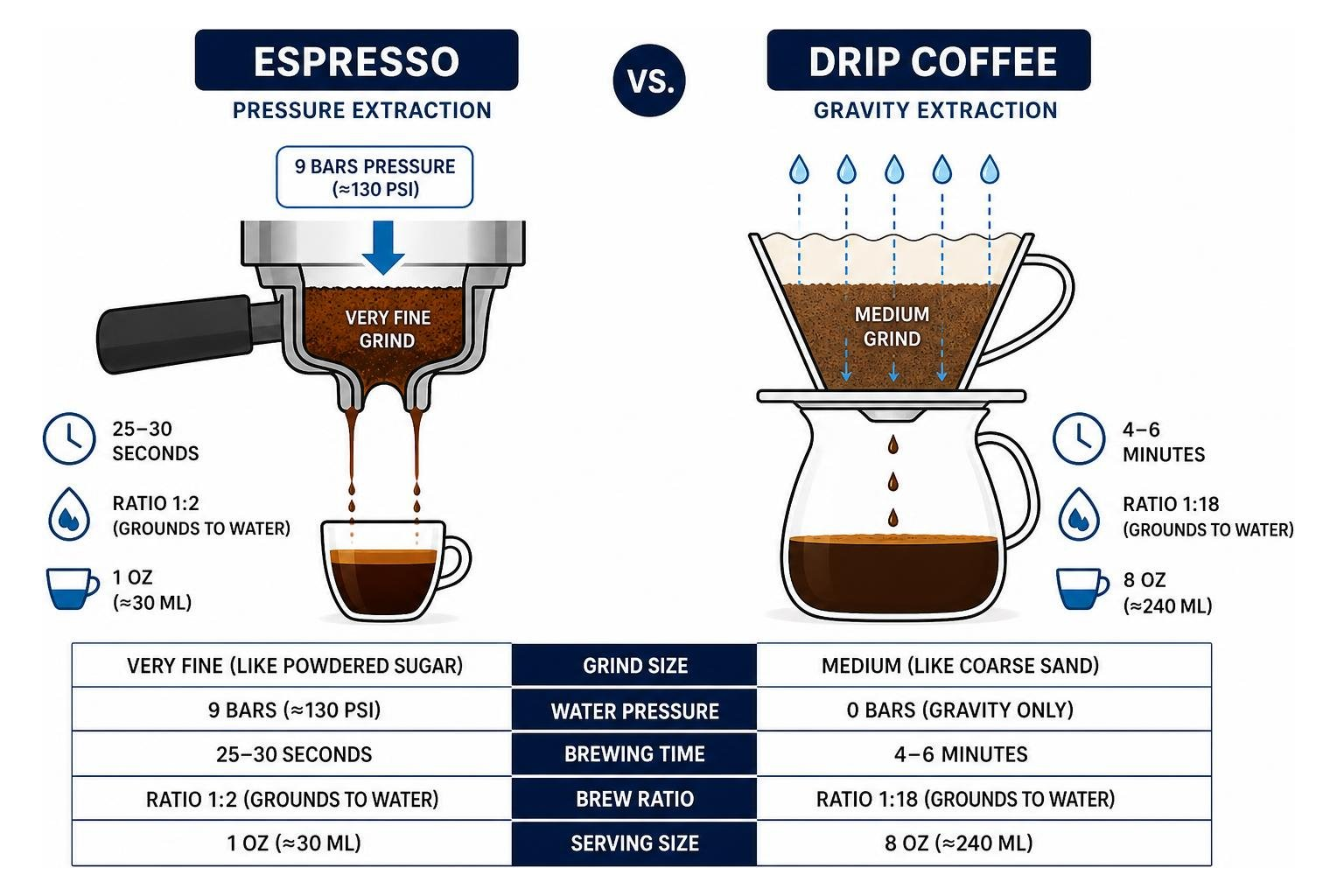 diagram showing pressure extraction for espresso vs gravity extraction for drip coffee diagram showing pressure extraction for espresso vs gravity extraction for drip coffee