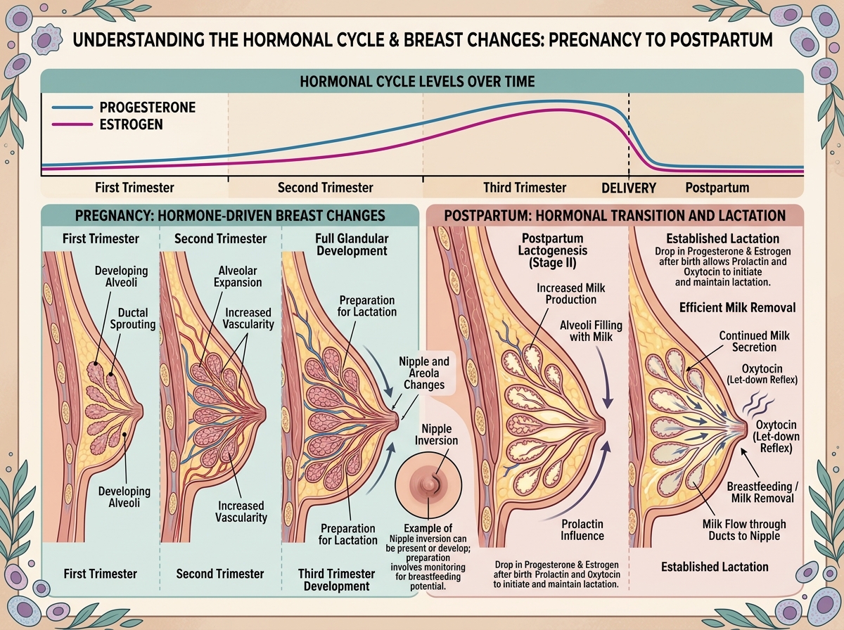 Illustration of the hormonal cycle and its impact on breast tissue - inverted nipple after pregnancy not breastfeeding