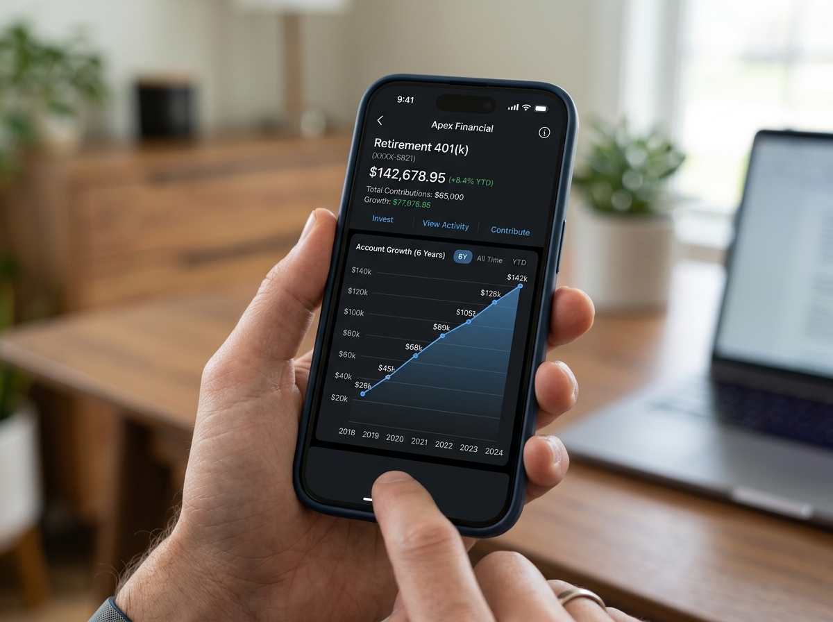 digital banking app showing consistent 401k growth over time - first job 401k match