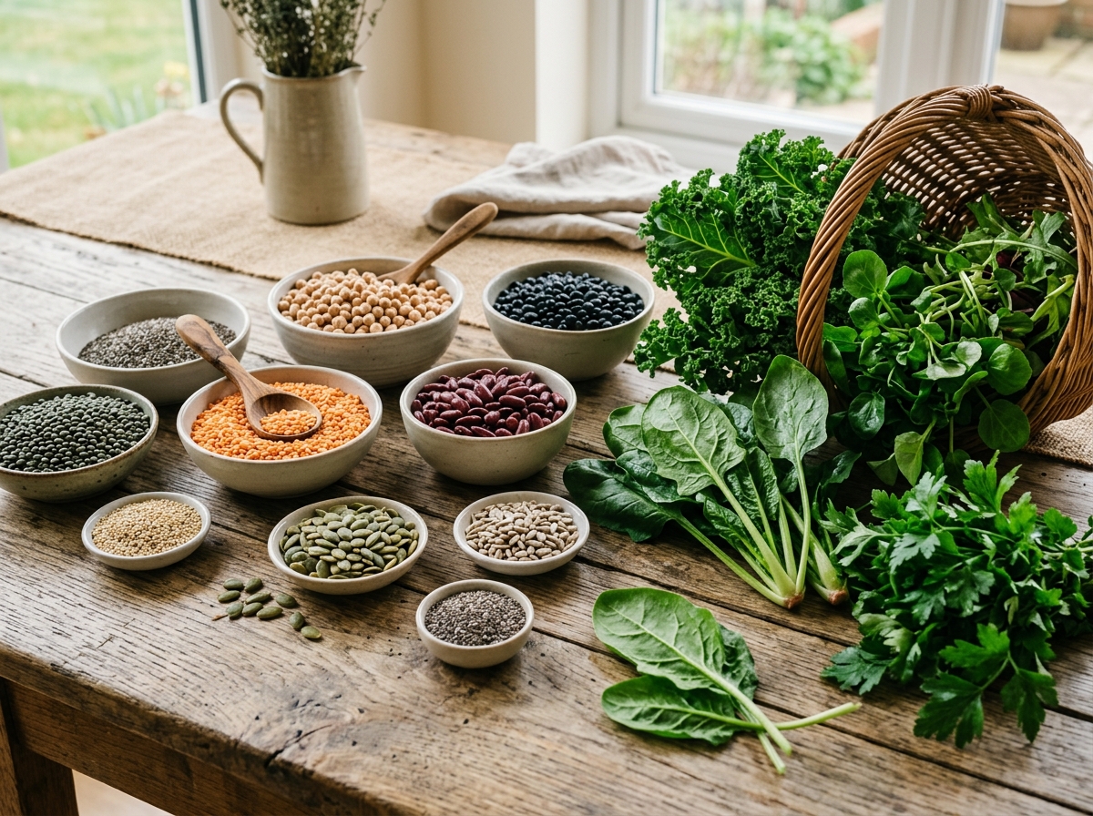 assorted legumes, seeds, and leafy greens on a wooden table - nutrient dense vegan foods
