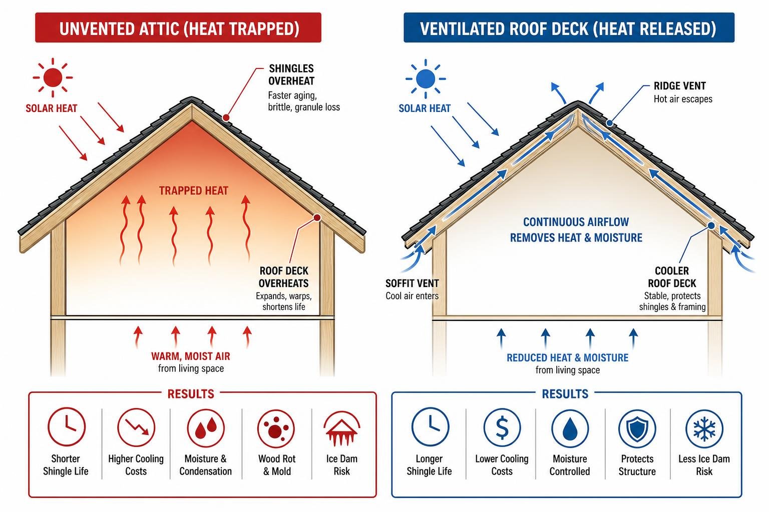 Diagram showing heat degradation of unvented shingles vs ventilated roof deck