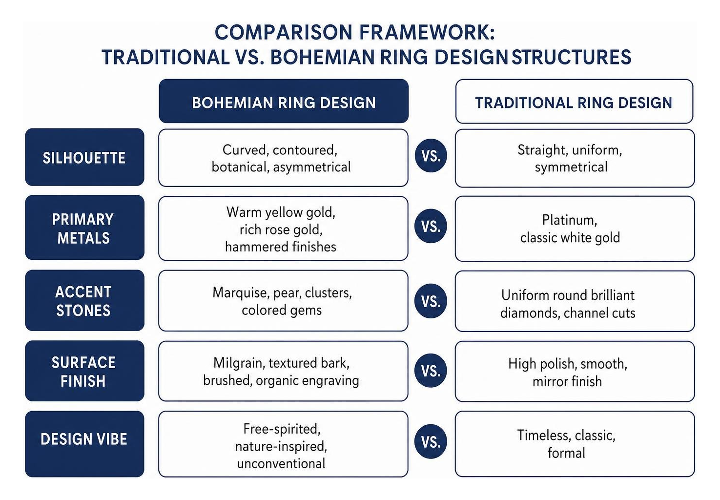 Comparison framework of traditional versus bohemian ring design structures Comparison framework of traditional versus bohemian ring design structures