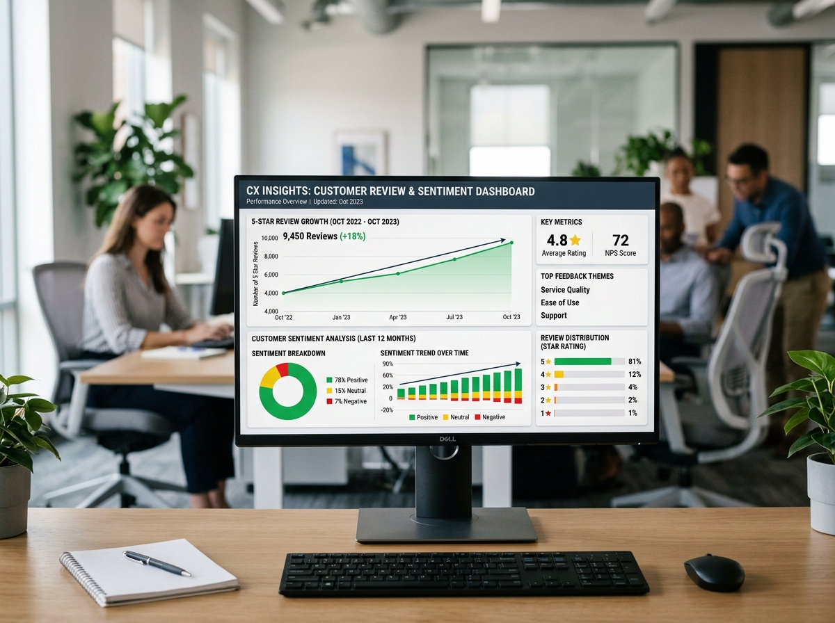 Dashboard showing 5-star review growth and sentiment analysis - expert reputation management
