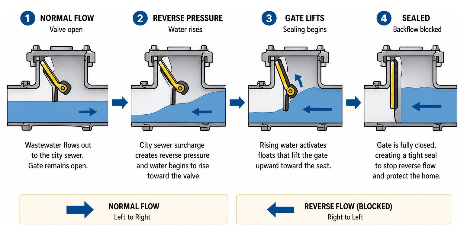 Step by step backwater valve activation sequence from open to sealed Step by step backwater valve activation sequence from open to sealed