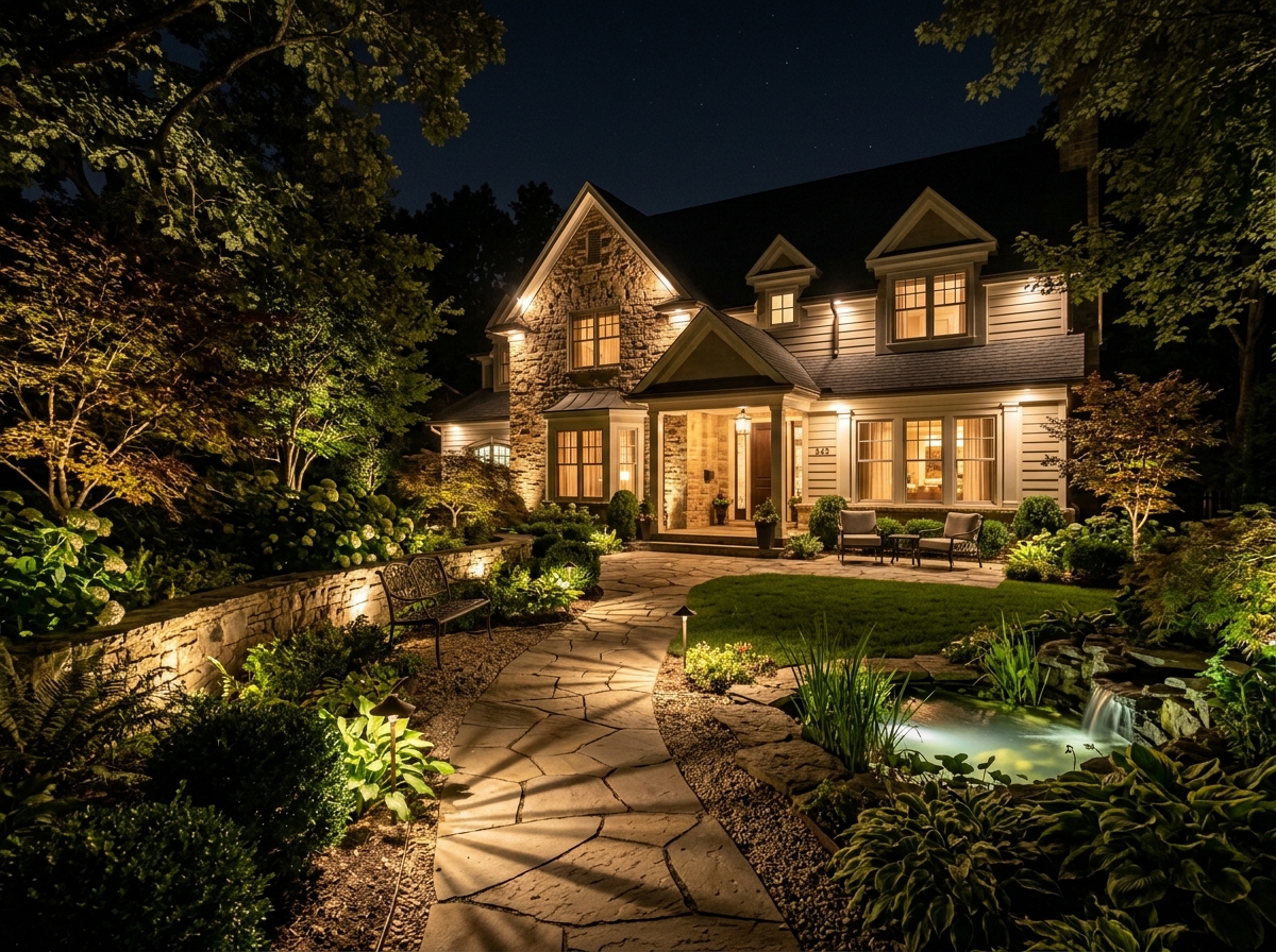 professionally lit garden with silhouetting and shadowing - landscape lighting